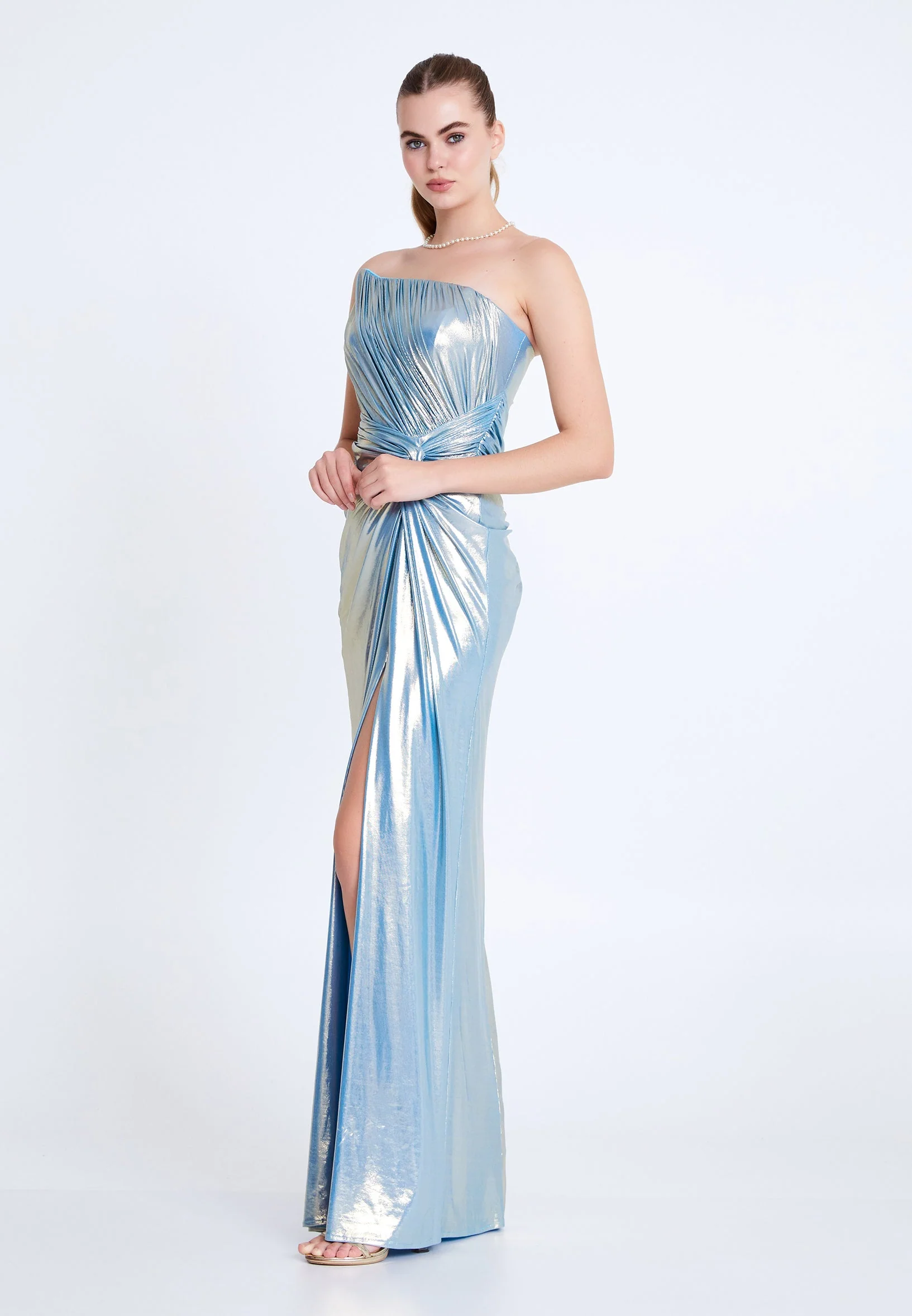 Metallic One-Shoulder Draped Gown with High Slit – Ice Blue - Image 3