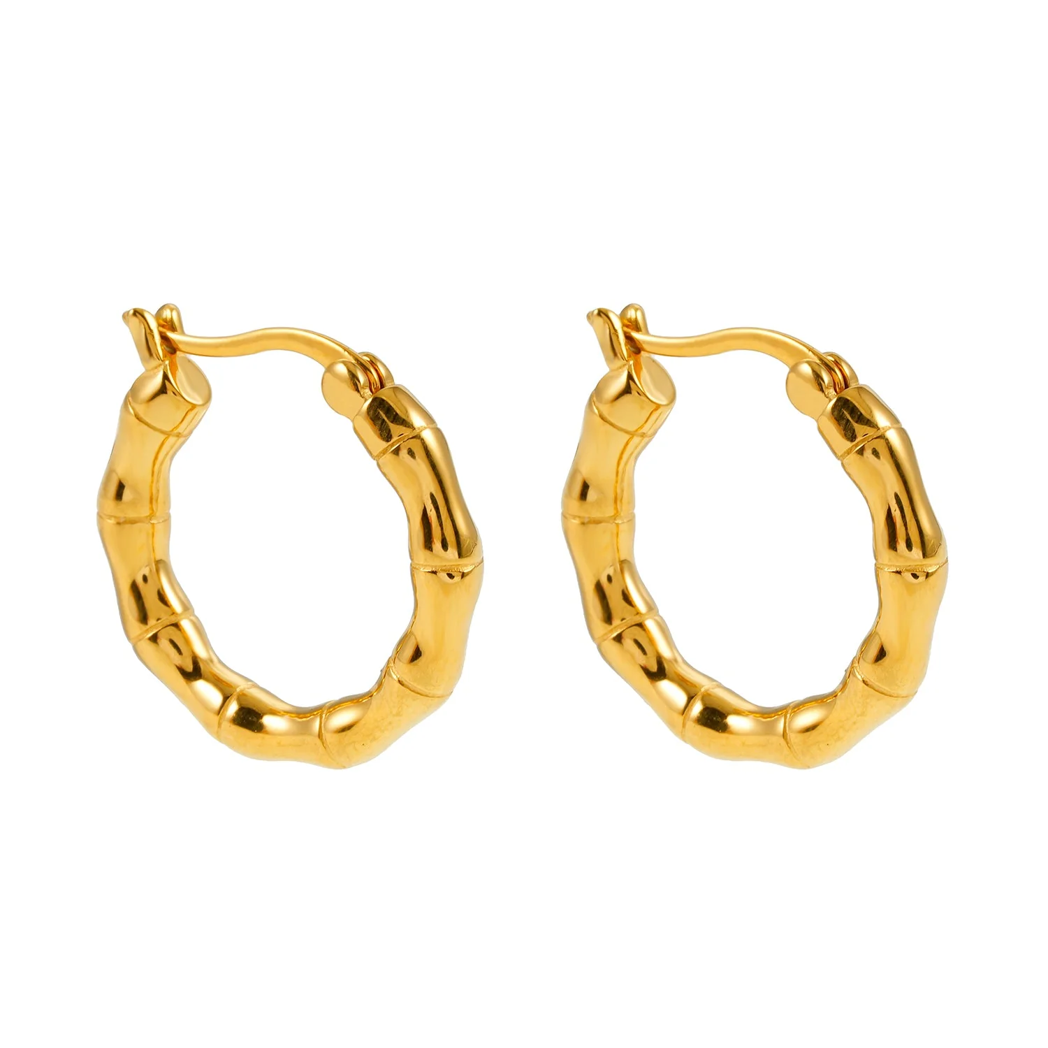 METIOS: Bamboo Textured Hoop Earrings in Gold - Image 2