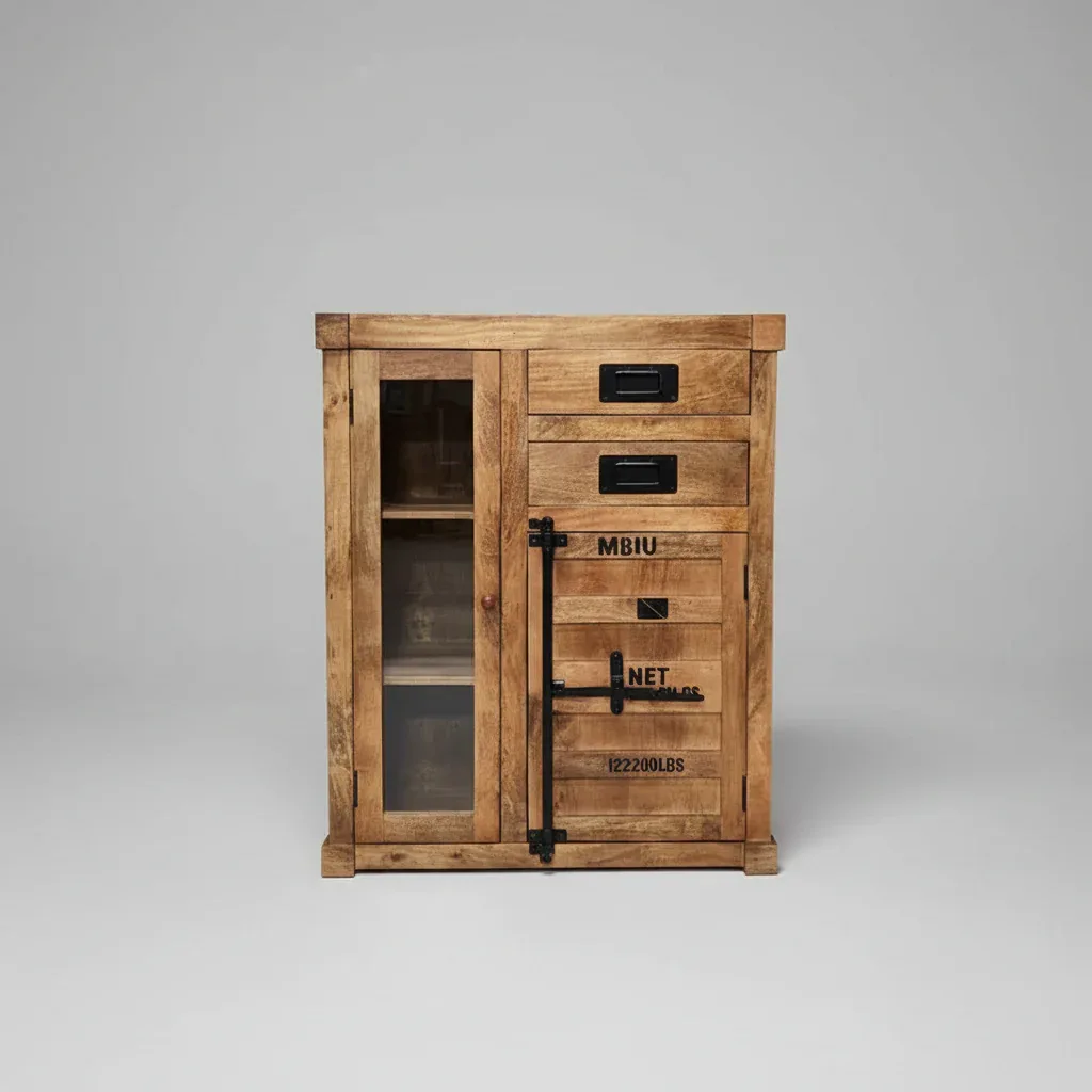 Meuble cabinet style container en bois de manguier avec porte en verre et 2 tiroirs - Image 5