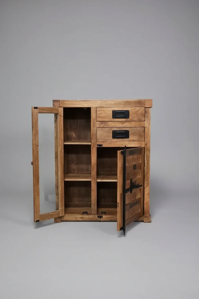 Meuble cabinet style container en bois de manguier avec porte en verre et 2 tiroirs - Image 6