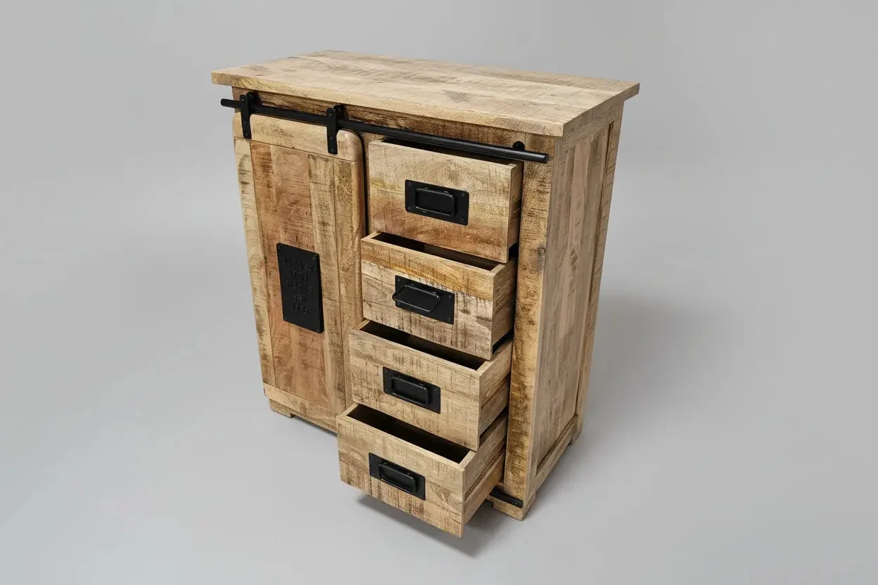 Meuble Commode Farmhouse en bois de manguier brut porte coulissante - Image 8
