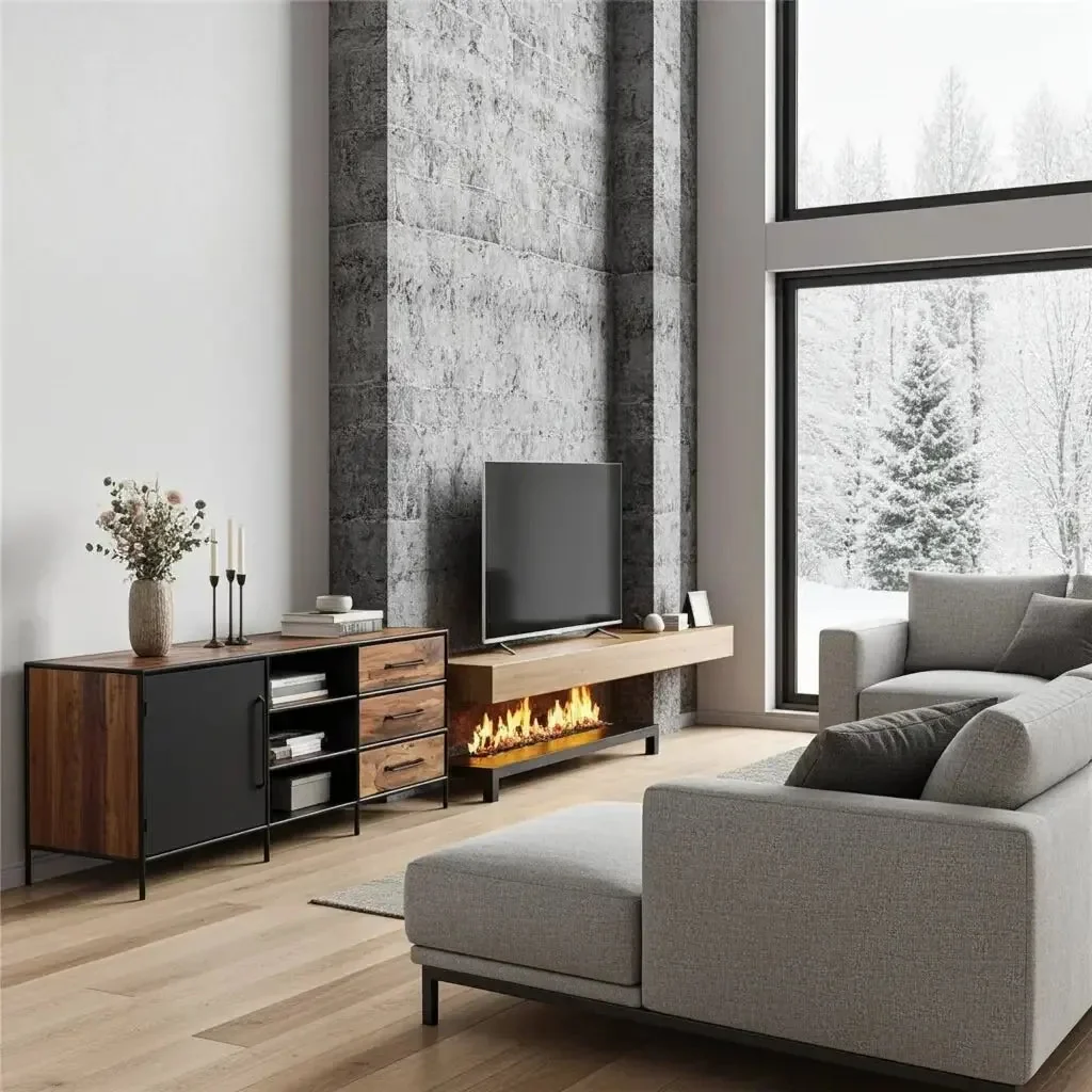 Meuble télé en bois recyclé avec porte en acier et 3 tiroirs - Image 3