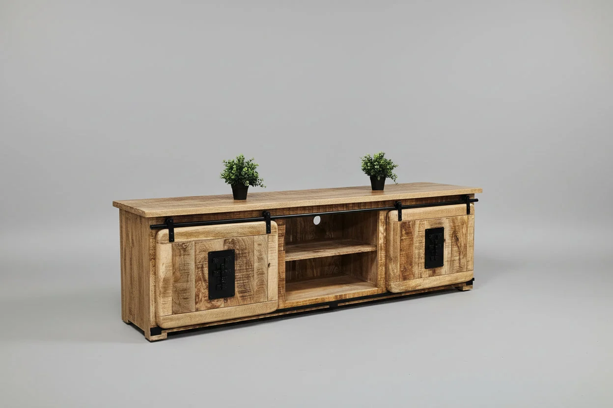Meuble Télé Farmhouse en bois de manguier brut portes coulissantes - Image 6