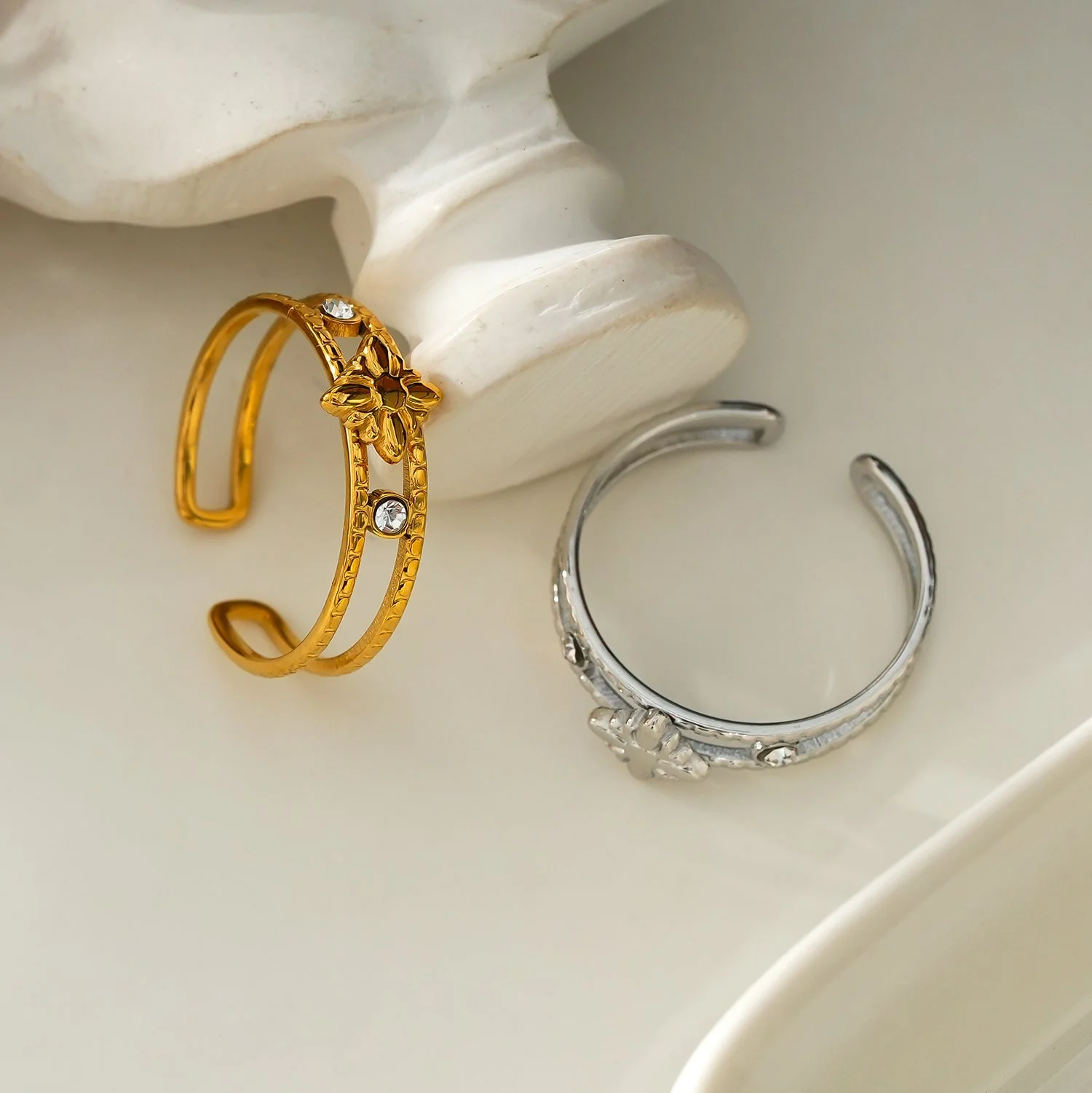 MICHELE White Gold (Silver Toned): Vintage Inspired Double Stacked Ring. - Image 6
