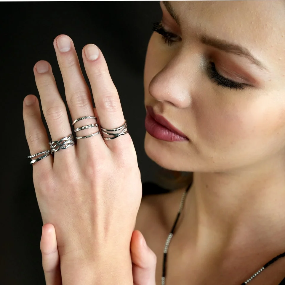 MIRANDA Cross Over Triple Band Stacked Silver Ring - Image 2