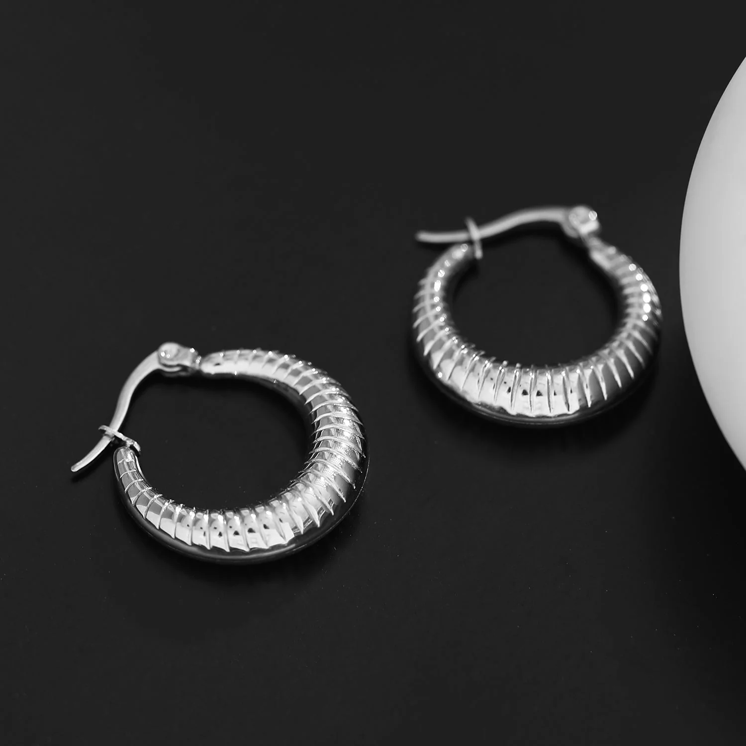 MISCHA Textured Chunky Hoops Silver - Image 7