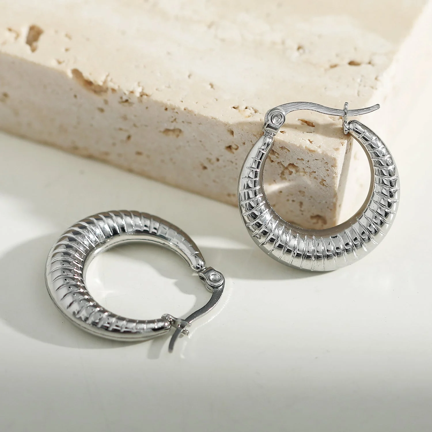 MISCHA Textured Chunky Hoops Silver - Image 8