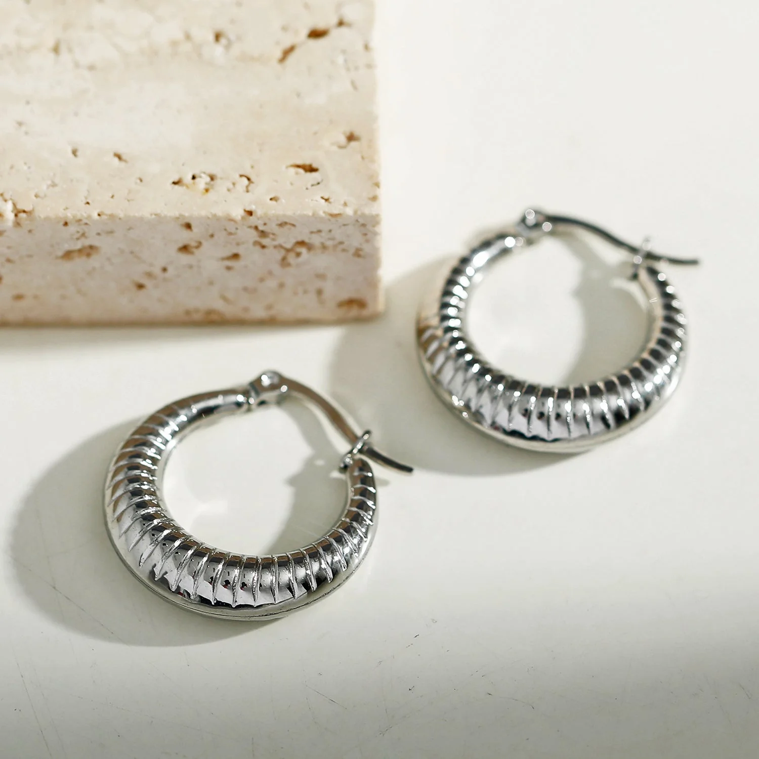 MISCHA Textured Chunky Hoops Silver - Image 9