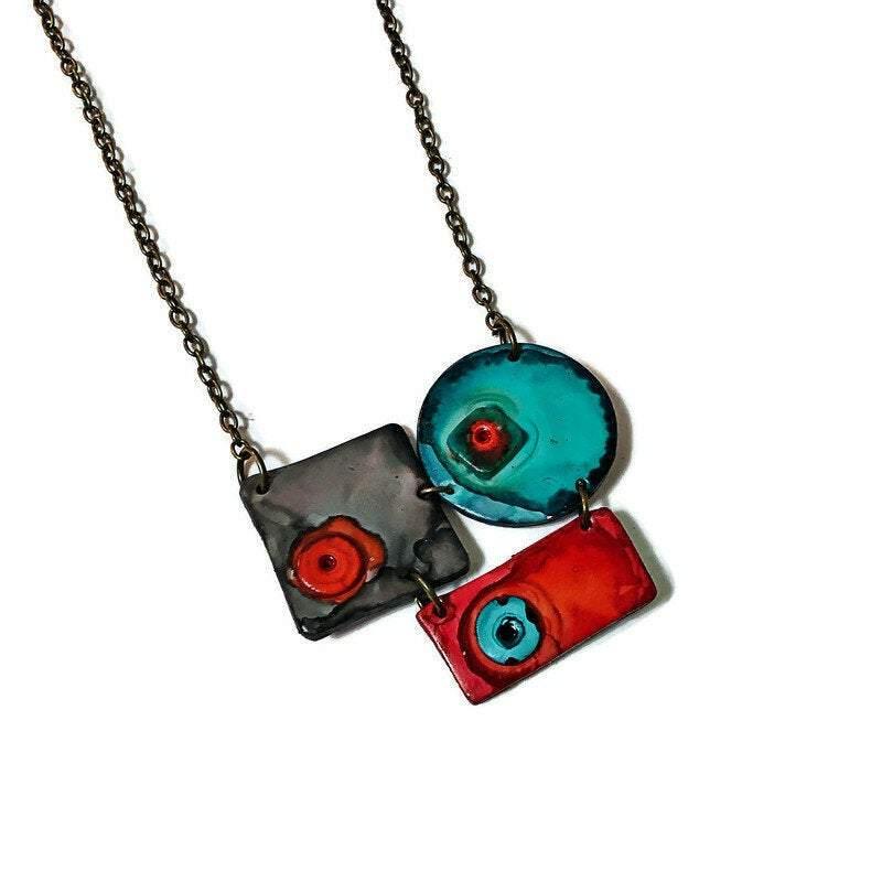 Modern Sculptural Statement Necklace, Grey, Teal & Orange, Handmade Polymer Clay - Image 2