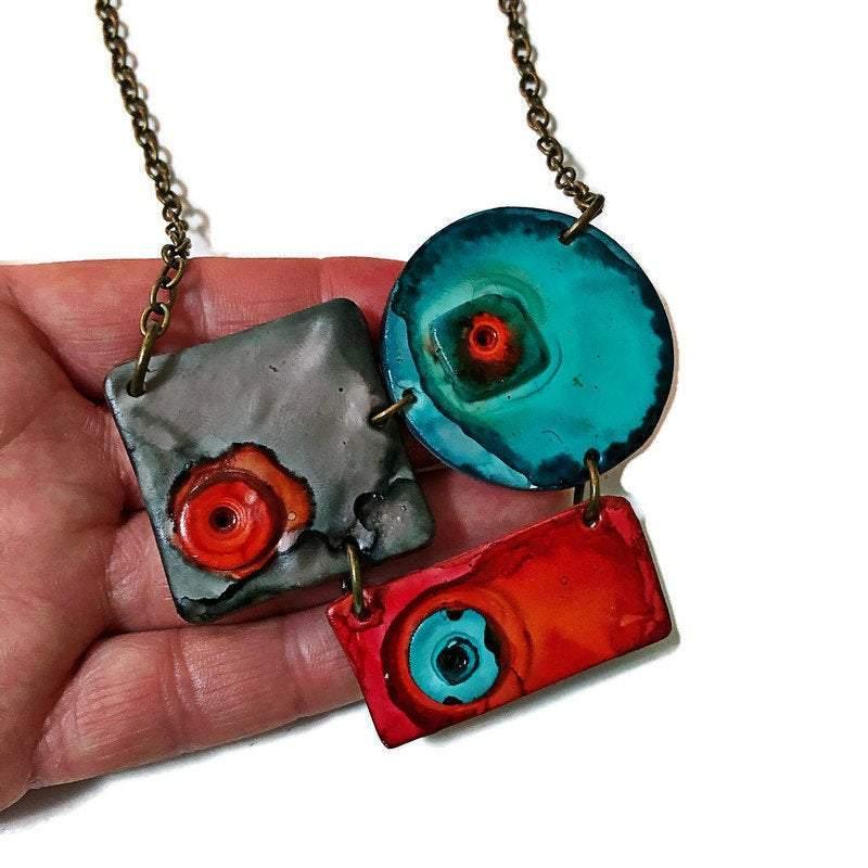 Modern Sculptural Statement Necklace, Grey, Teal & Orange, Handmade Polymer Clay - Image 3