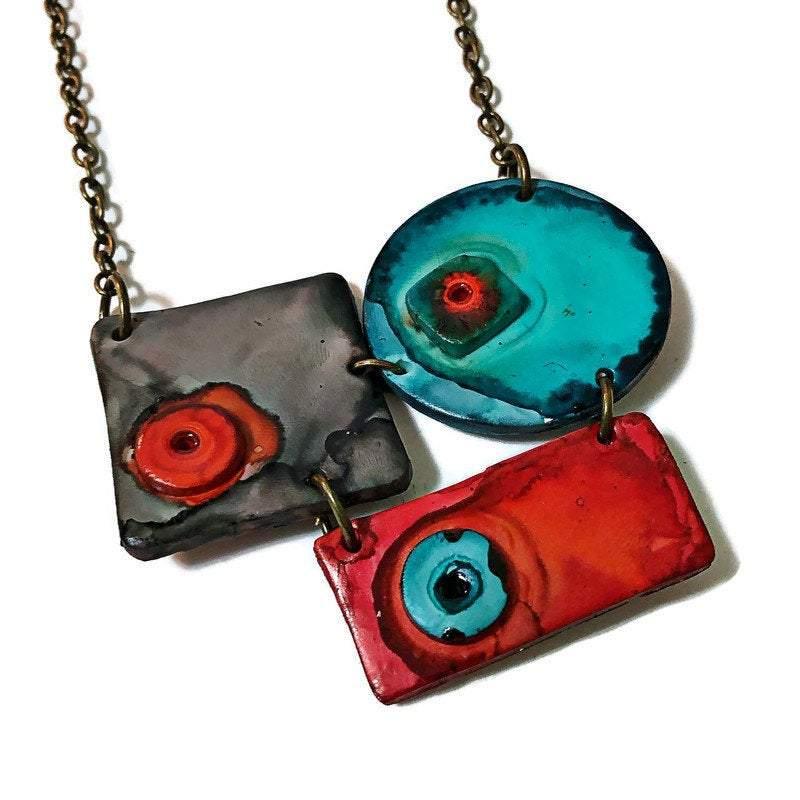 Modern Sculptural Statement Necklace, Grey, Teal & Orange, Handmade Polymer Clay - Image 4