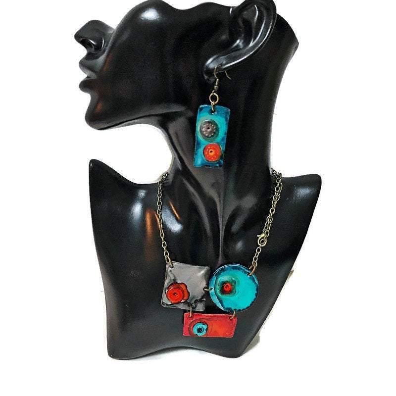 Modern Sculptural Statement Necklace, Grey, Teal & Orange, Handmade Polymer Clay - Image 5