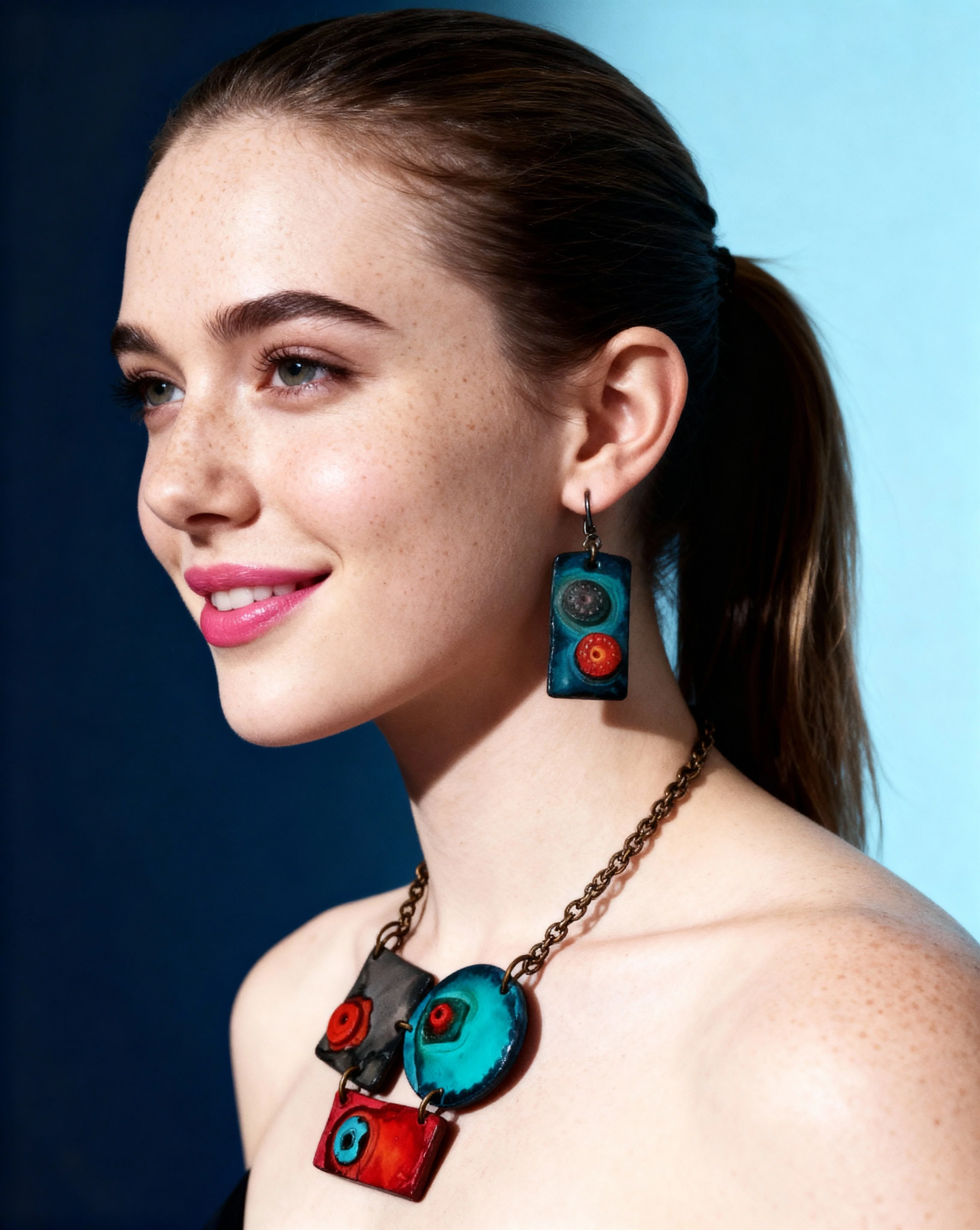 Modern Sculptural Statement Necklace, Grey, Teal & Orange, Handmade Polymer Clay - Image 8