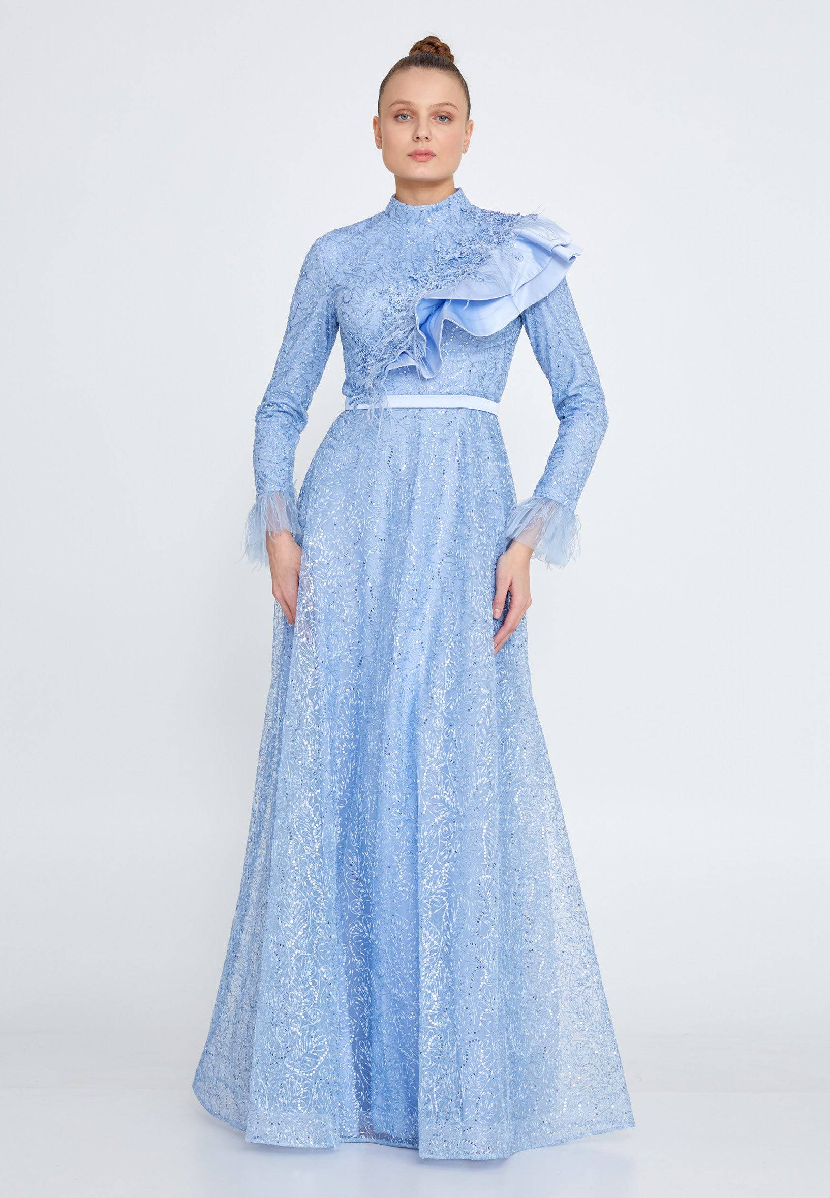 Modest Lace Full Sleeve Ruffle Neck Long Dress - Baby Blue - Image 2