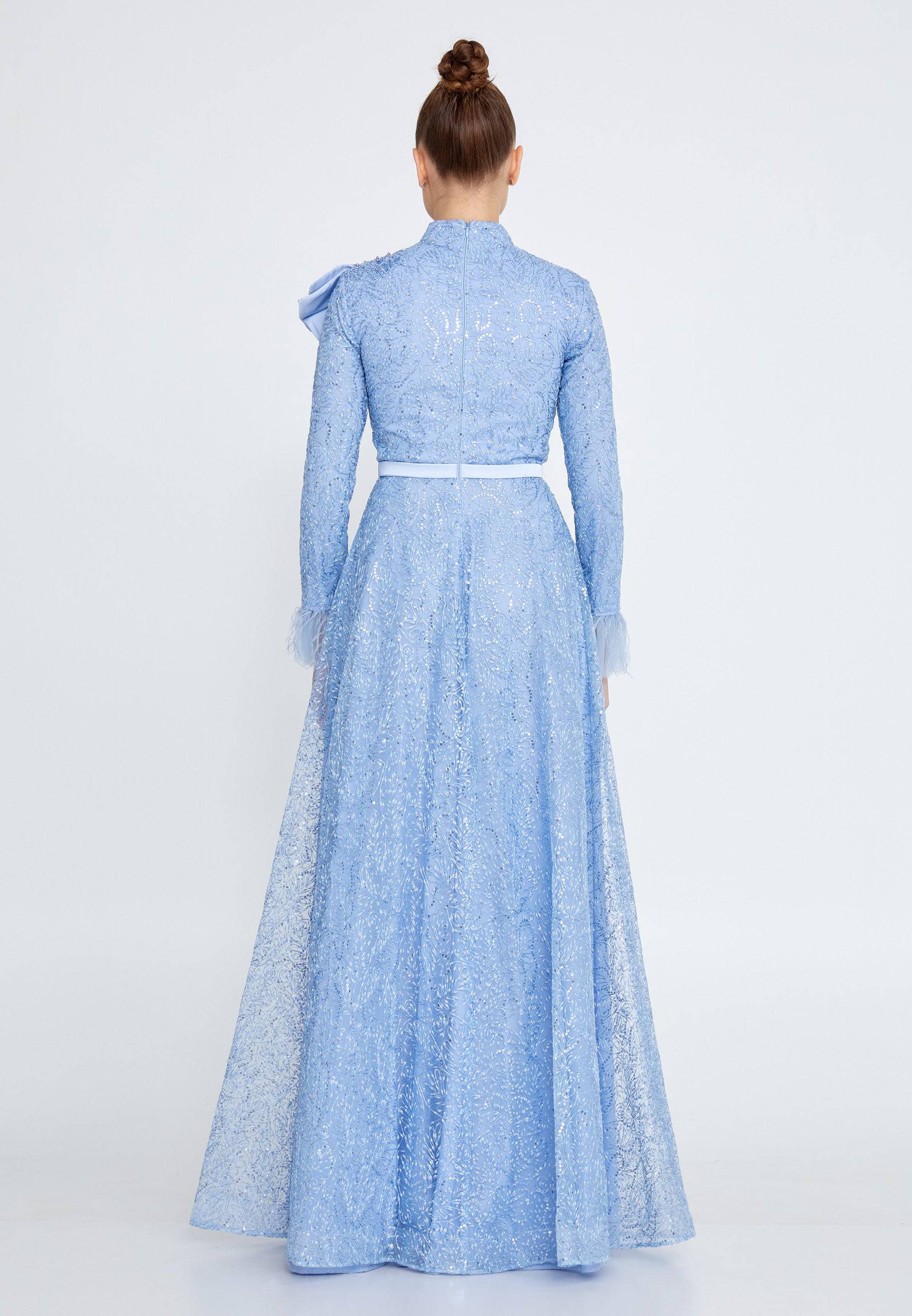 Modest Lace Full Sleeve Ruffle Neck Long Dress - Baby Blue - Image 3