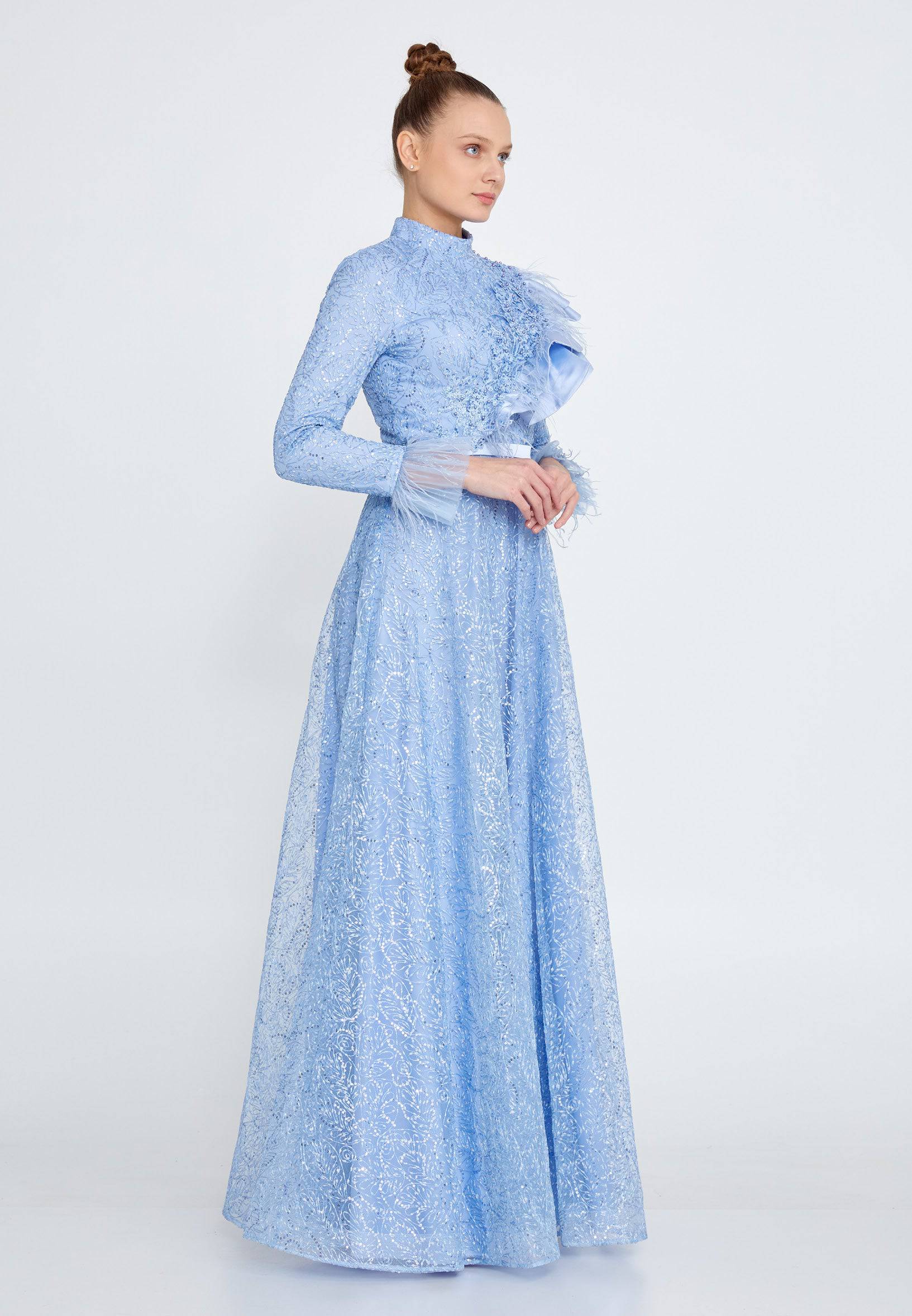 Modest Lace Full Sleeve Ruffle Neck Long Dress - Baby Blue - Image 4