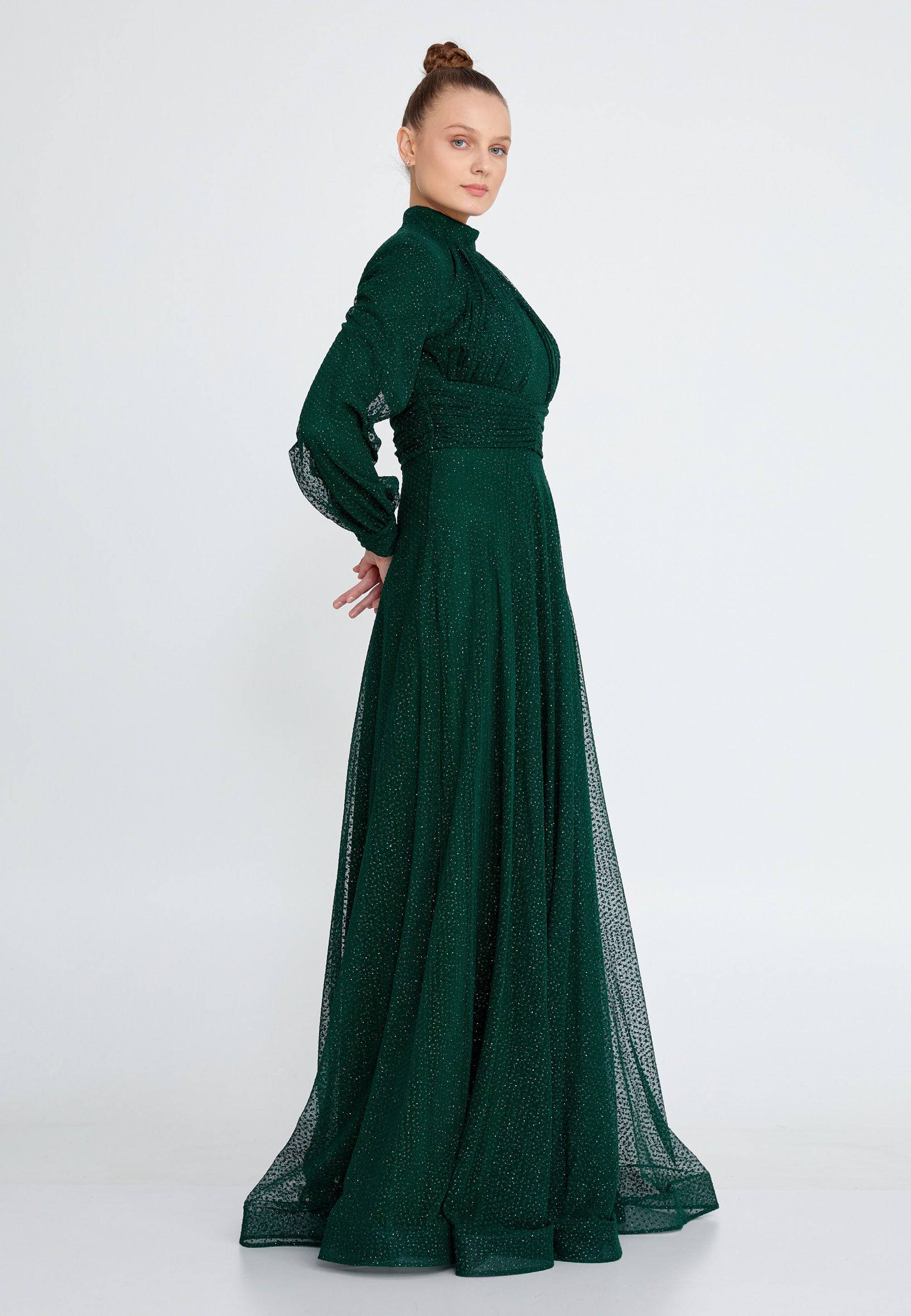 Modest Long Sleeve Chiffon Glitter Long Dress - Emerald - Image 2