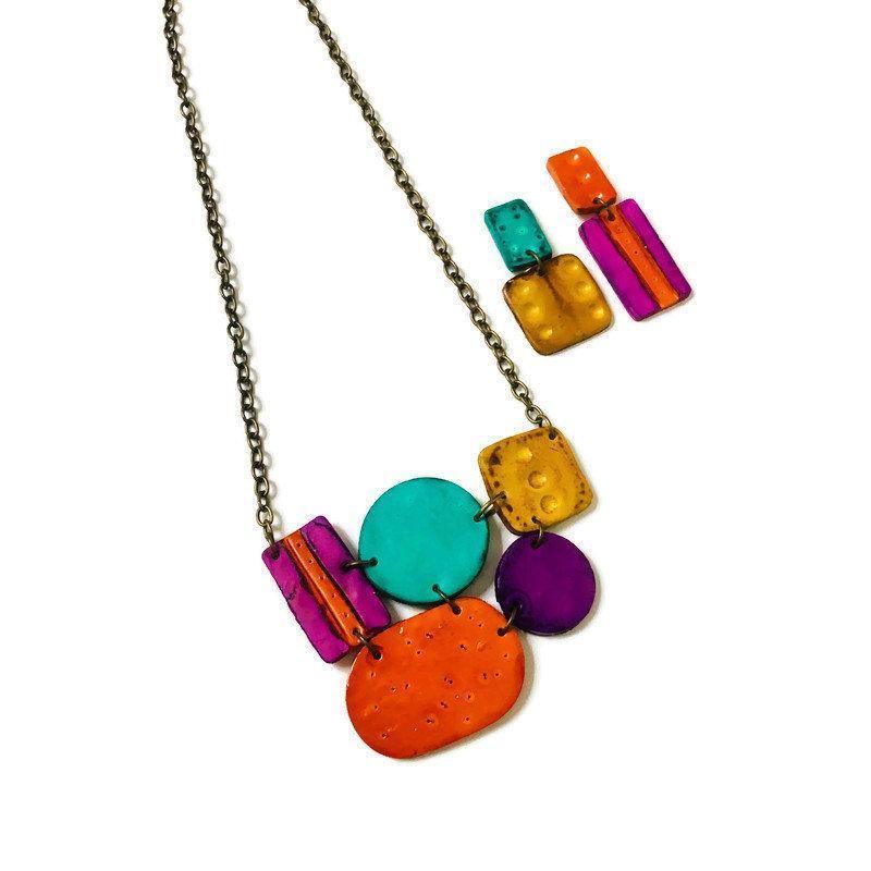 Multicolored Statement Pendant Necklace, Handmade Polymer Clay - Image 4