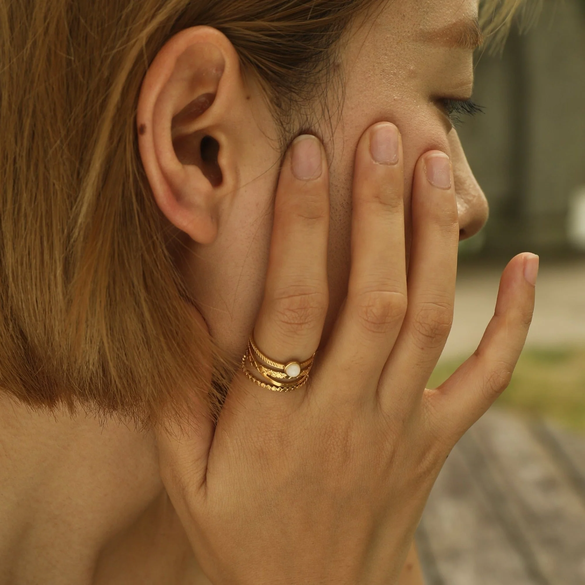 NADIA Gold: Multi Stacked Ring with a Stone Centre Piece - Image 2