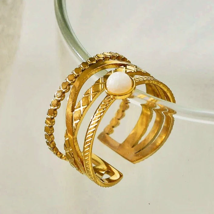 NADIA Gold: Multi Stacked Ring with a Stone Centre Piece - Image 3