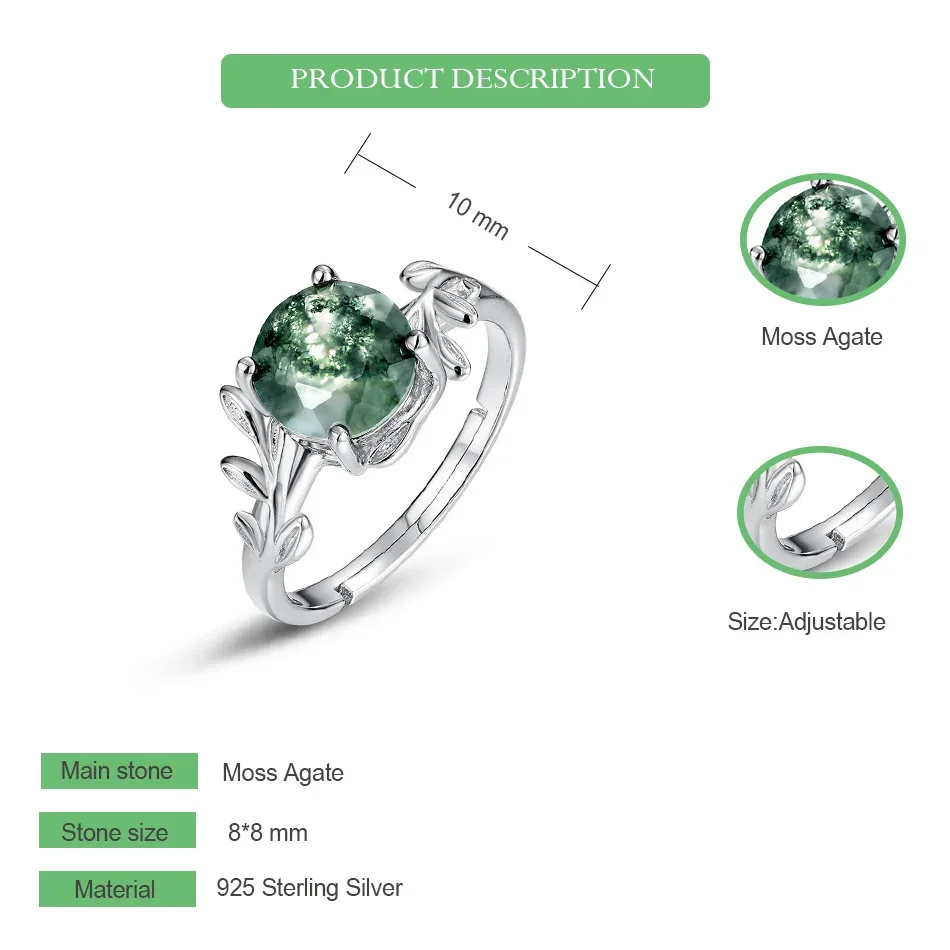 Nature's Embrace: Adjustable Sterling Silver Moss Agate Ring - Image 5