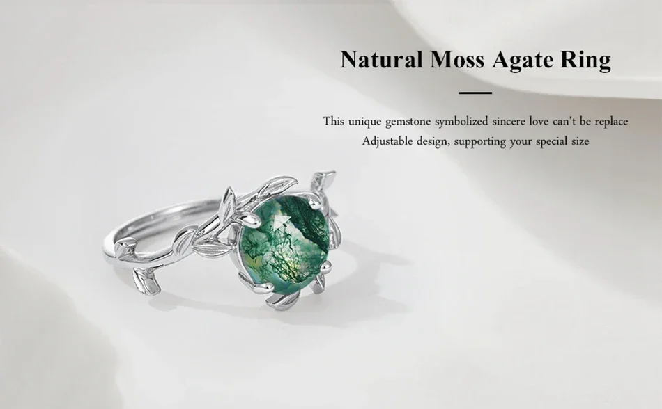 Nature's Embrace: Adjustable Sterling Silver Moss Agate Ring - Image 7
