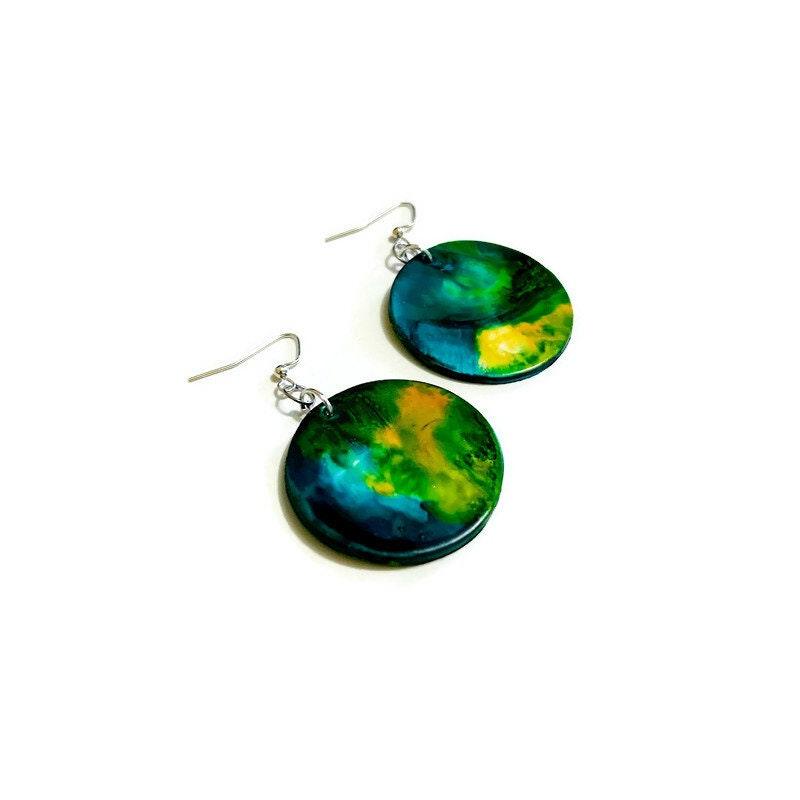 Northern Light Earrings, Abstract Statement Disc Earrings Handmade, Large Clay Earrings Painted Alcohol Ink, Northern Canada Newfoundland - Image 2