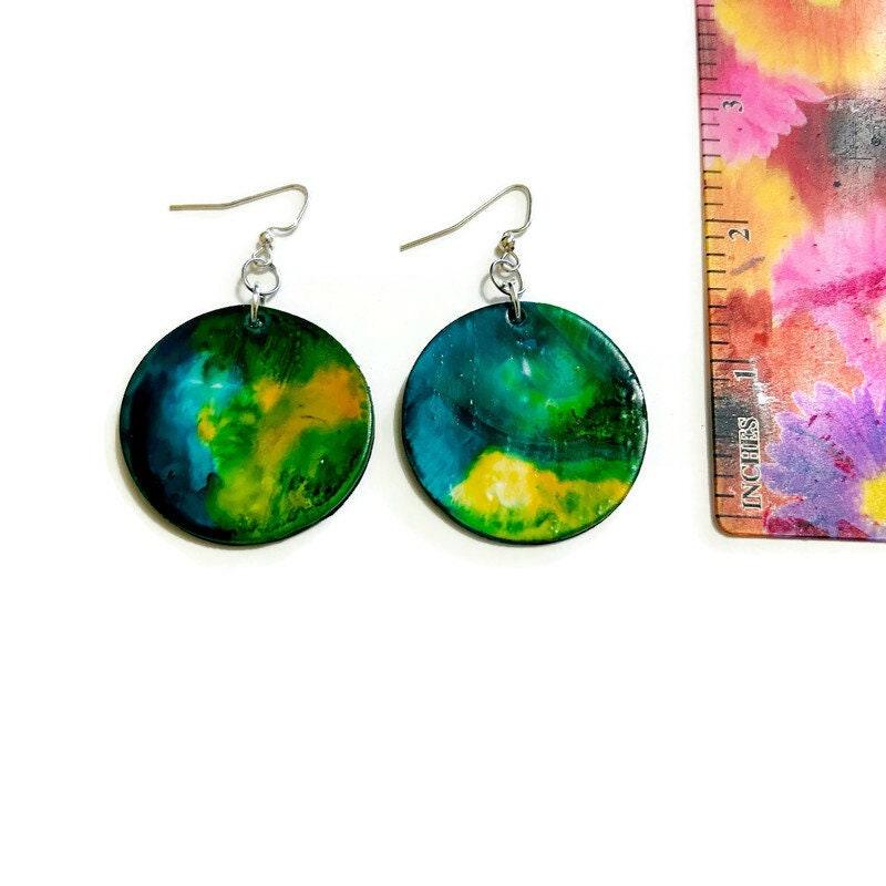 Northern Light Earrings, Abstract Statement Disc Earrings Handmade, Large Clay Earrings Painted Alcohol Ink, Northern Canada Newfoundland - Image 3