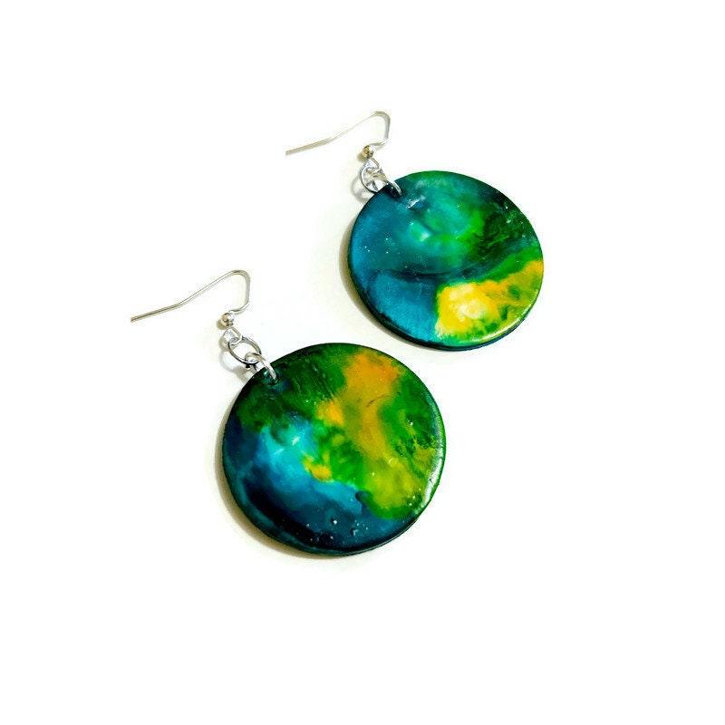 Northern Light Earrings, Abstract Statement Disc Earrings Handmade, Large Clay Earrings Painted Alcohol Ink, Northern Canada Newfoundland - Image 4