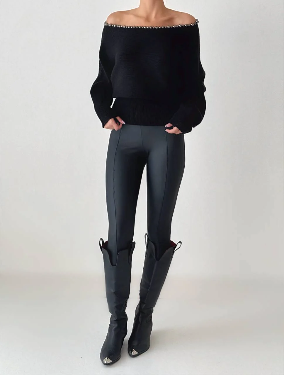 Off-Shoulder Knit Sweater - Black - Image 5