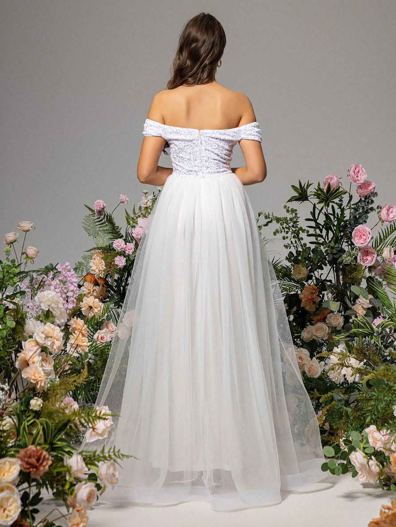 Off-Shoulder Velvet Sequin Maxi Dress with Chiffon Skirt - White - Image 5