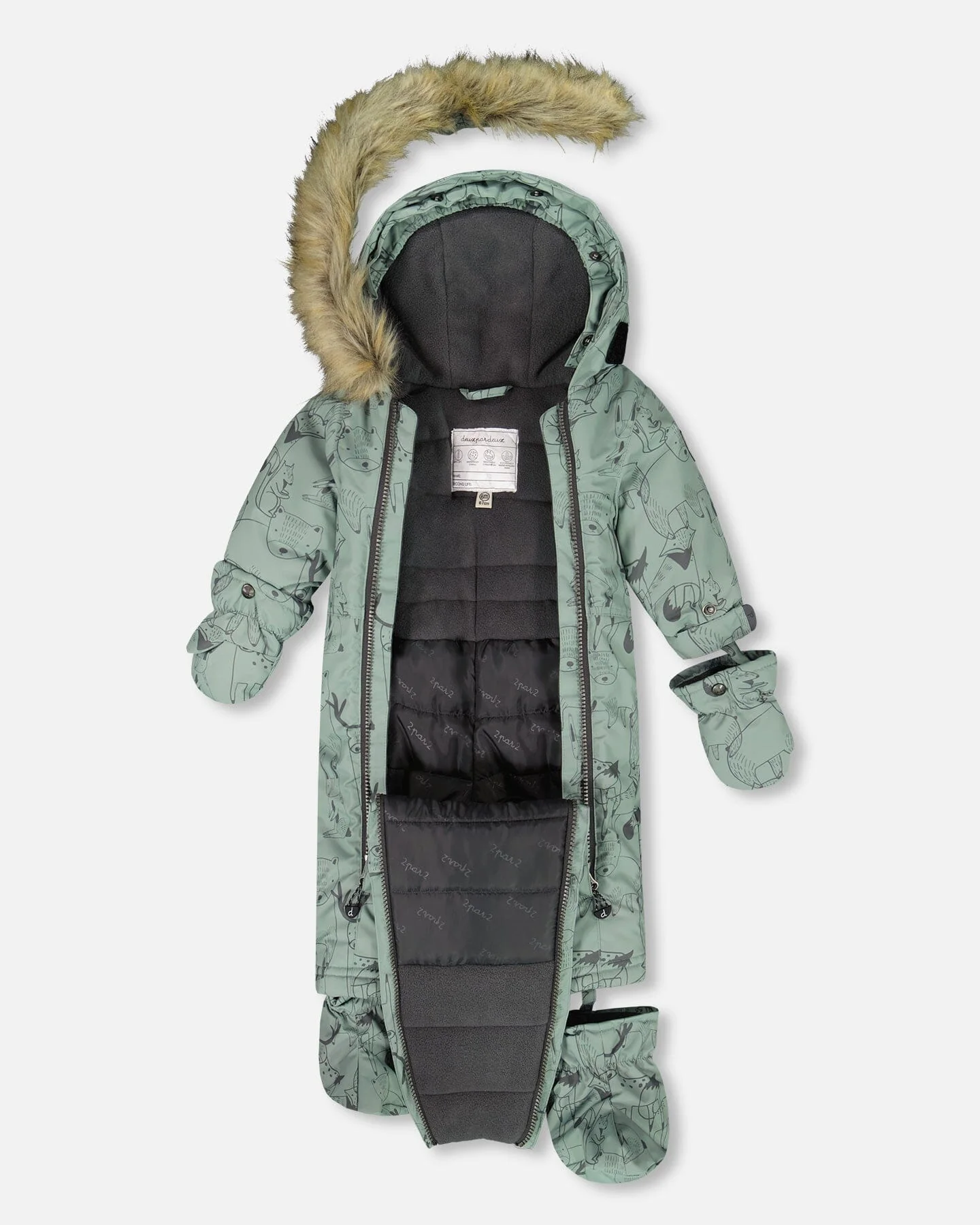 One-Piece Baby Play Snowsuit Designed For Car Seat Sage Animal Print - Image 3