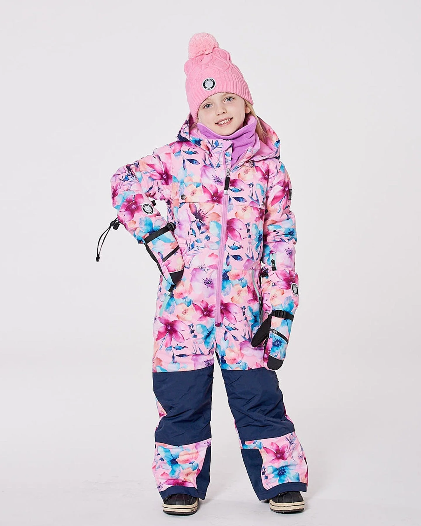 One-Piece Teknik Snowsuit Pink Watercolor Flower Print - Image 2