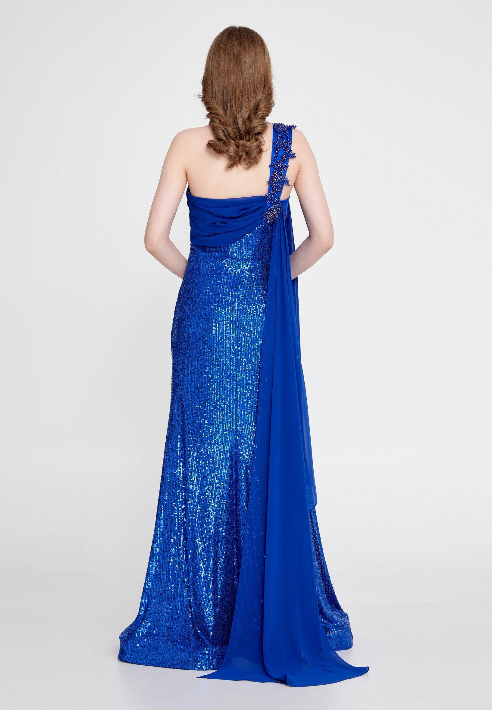 One-shoulder Sequin Gown with Long Chiffon Shoulder - Royal Blue - Image 2