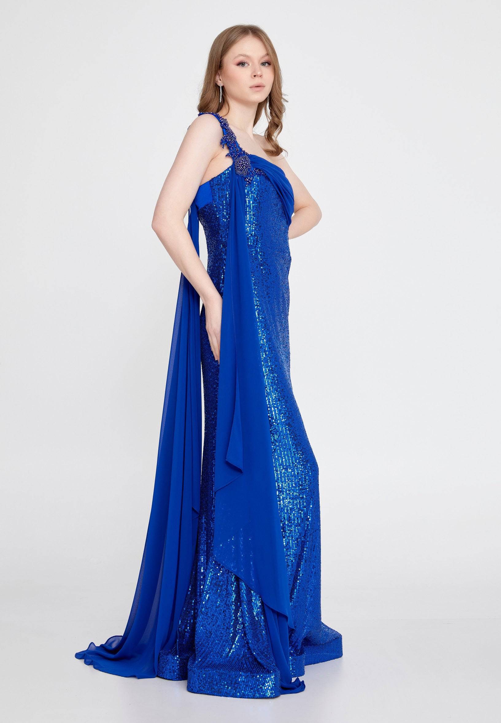 One-shoulder Sequin Gown with Long Chiffon Shoulder - Royal Blue - Image 3