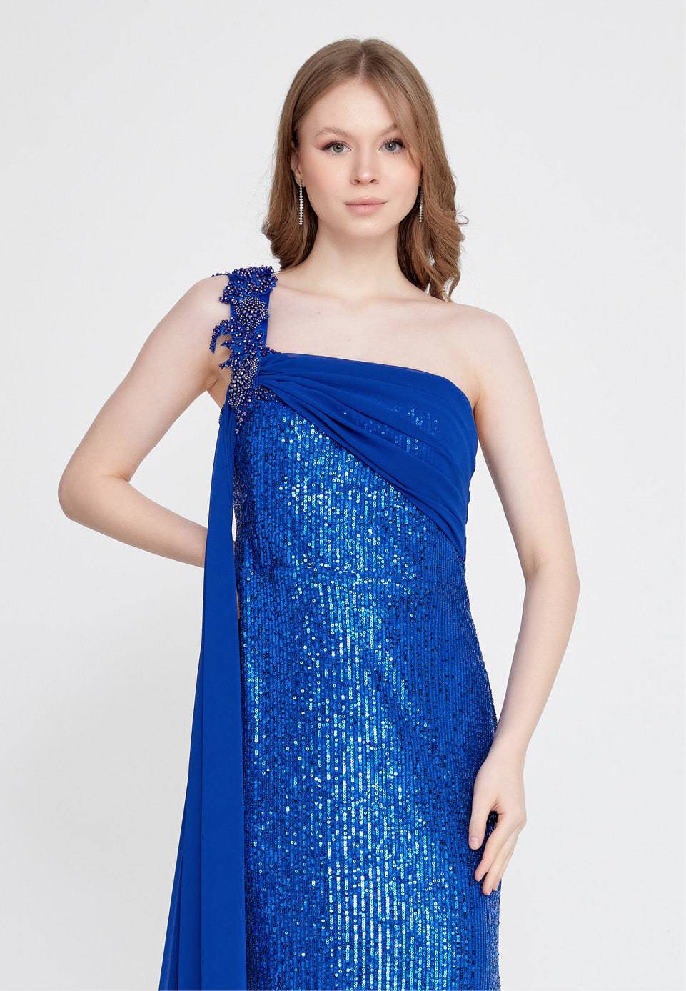 One-shoulder Sequin Gown with Long Chiffon Shoulder - Royal Blue - Image 4