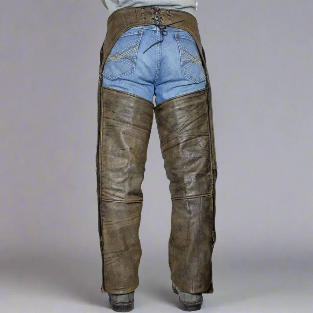 Open Road Men's Distressed Brown 4 Pocket Premium Leather Chaps - Image 3