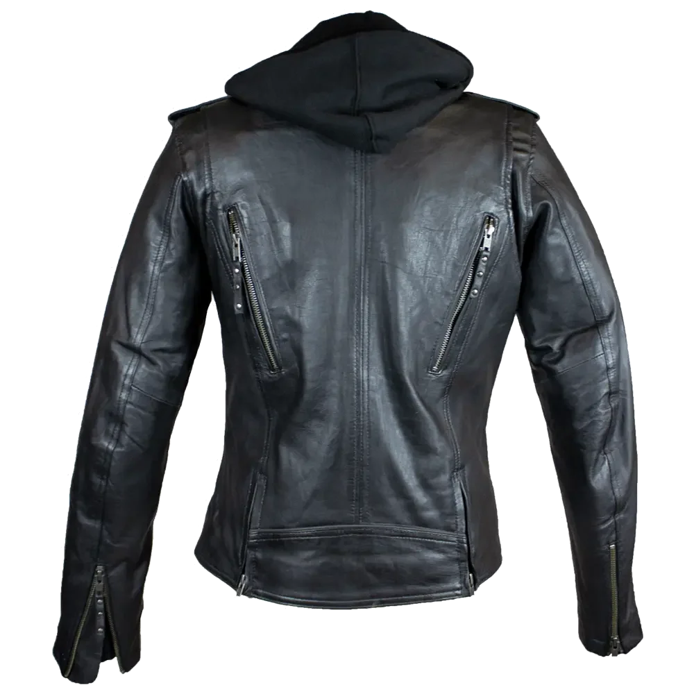 Open Road Women's Hooded Classic Leather Motorcycle Jacket - Image 8