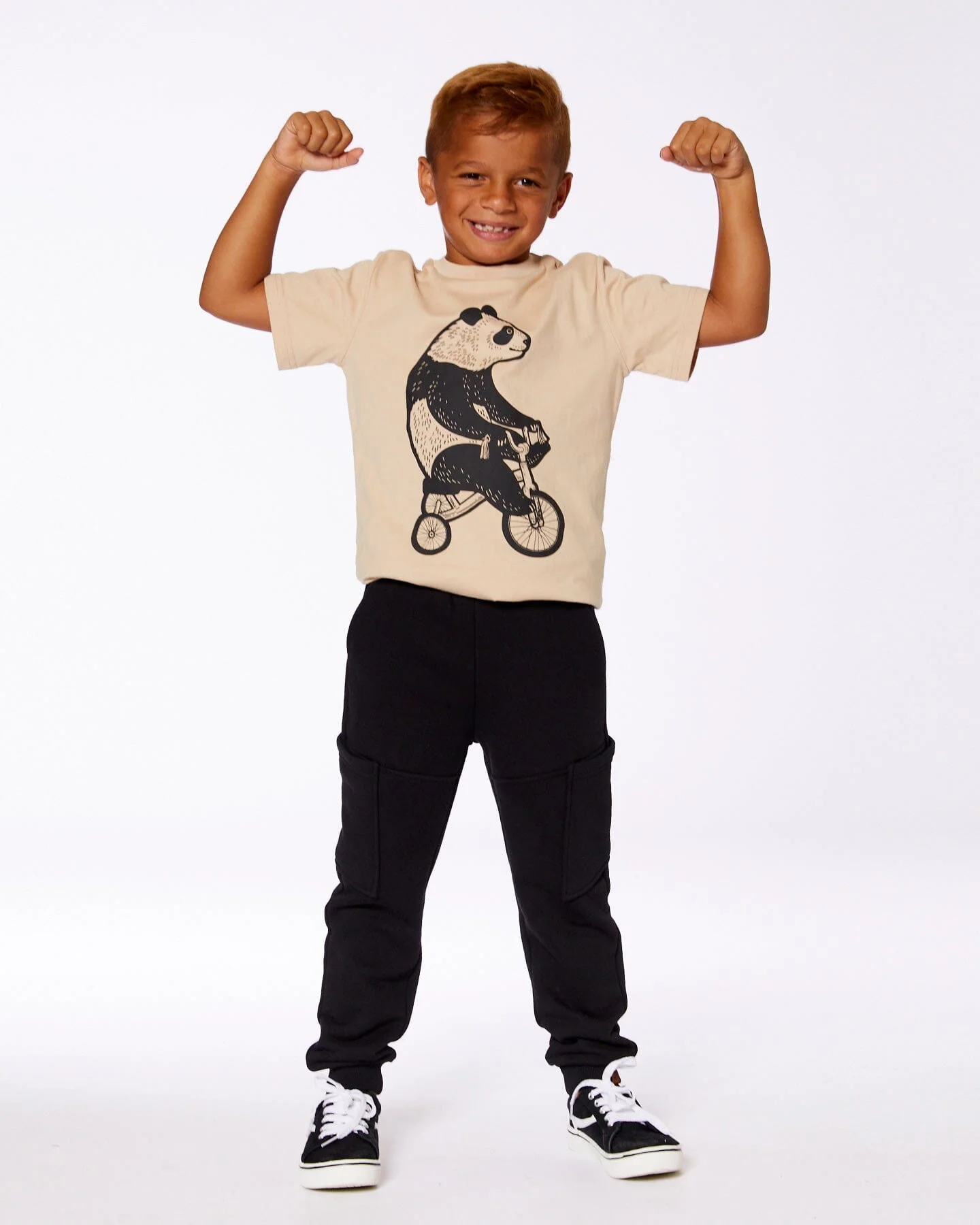 Organic Cotton Graphic Tee Black Panda On Beige Background - Image 2