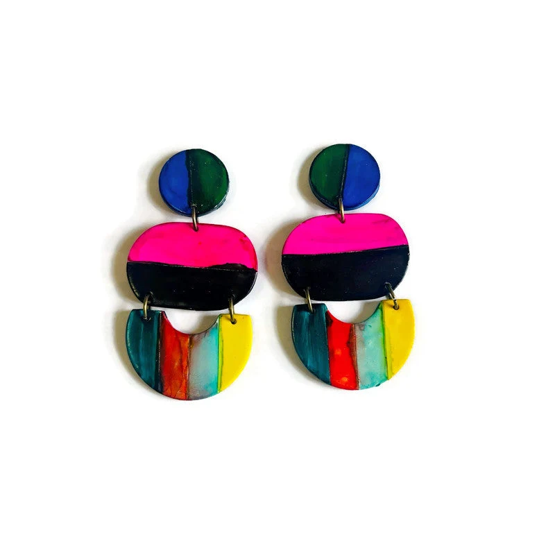 Oversized Multicolor Striped Statement Earrings Handmade - Image 2