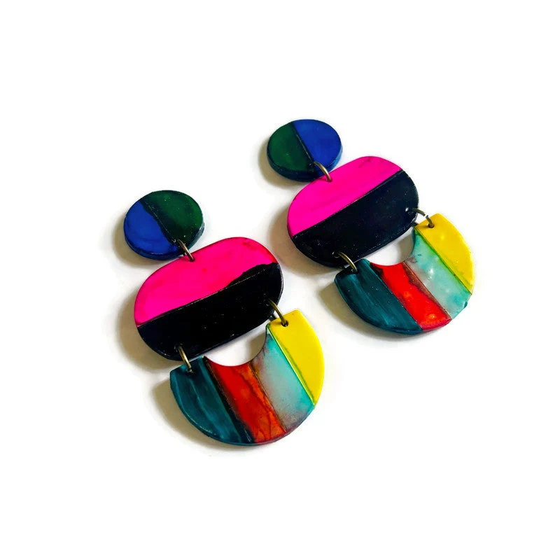 Oversized Multicolor Striped Statement Earrings Handmade - Image 3
