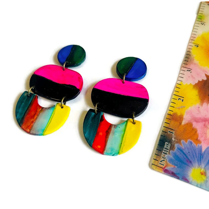 Oversized Multicolor Striped Statement Earrings Handmade - Image 4