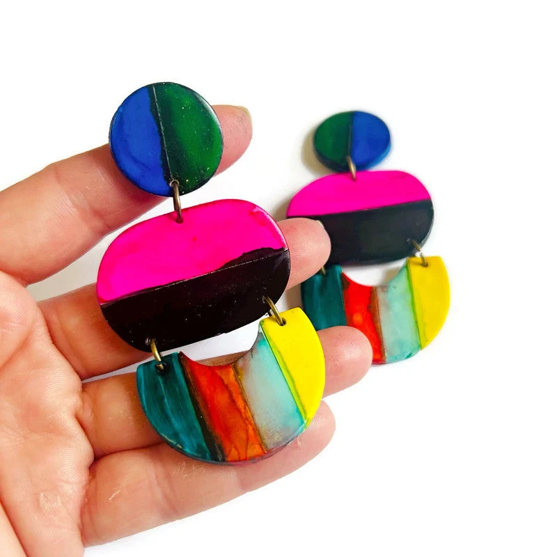 Oversized Multicolor Striped Statement Earrings Handmade - Image 5