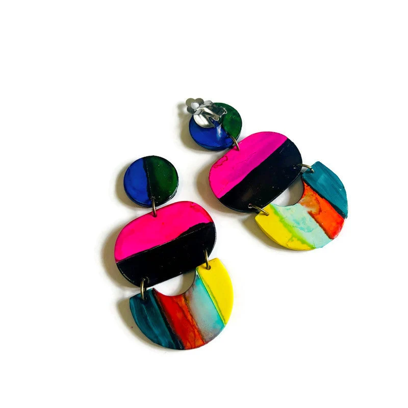 Oversized Multicolor Striped Statement Earrings Handmade - Image 6