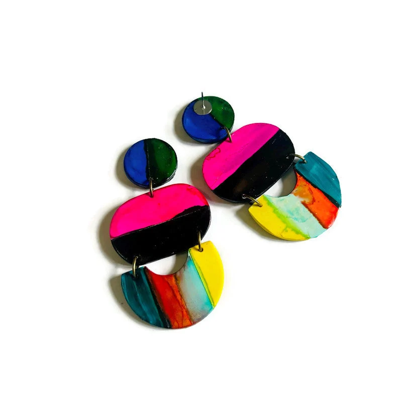 Oversized Multicolor Striped Statement Earrings Handmade - Image 7