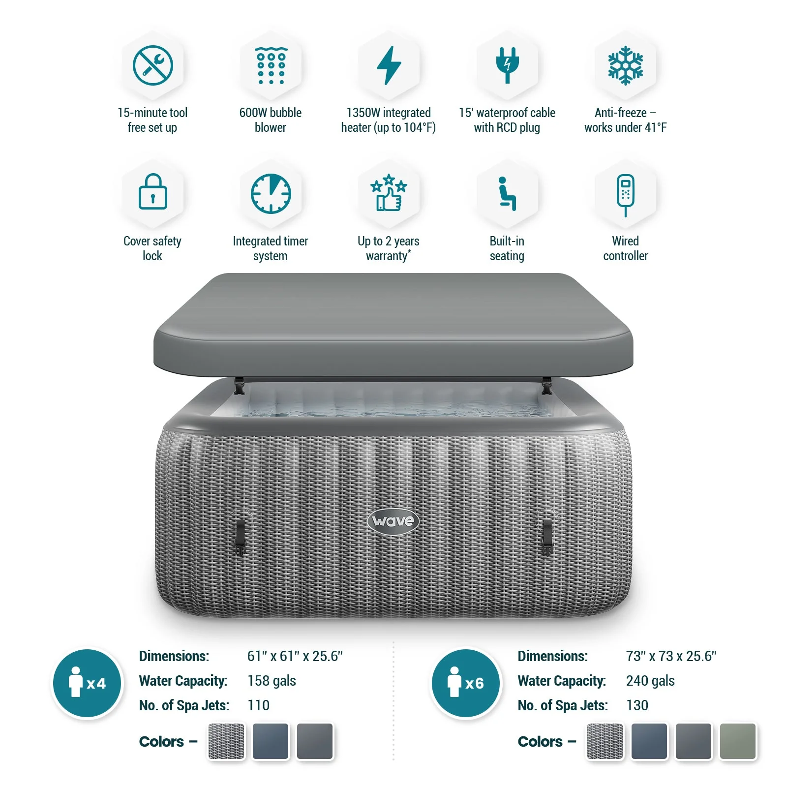 Wave | Pacific | 4/6-Person Inflatable Hot Tub | Square | Integrated Heater - Image 6