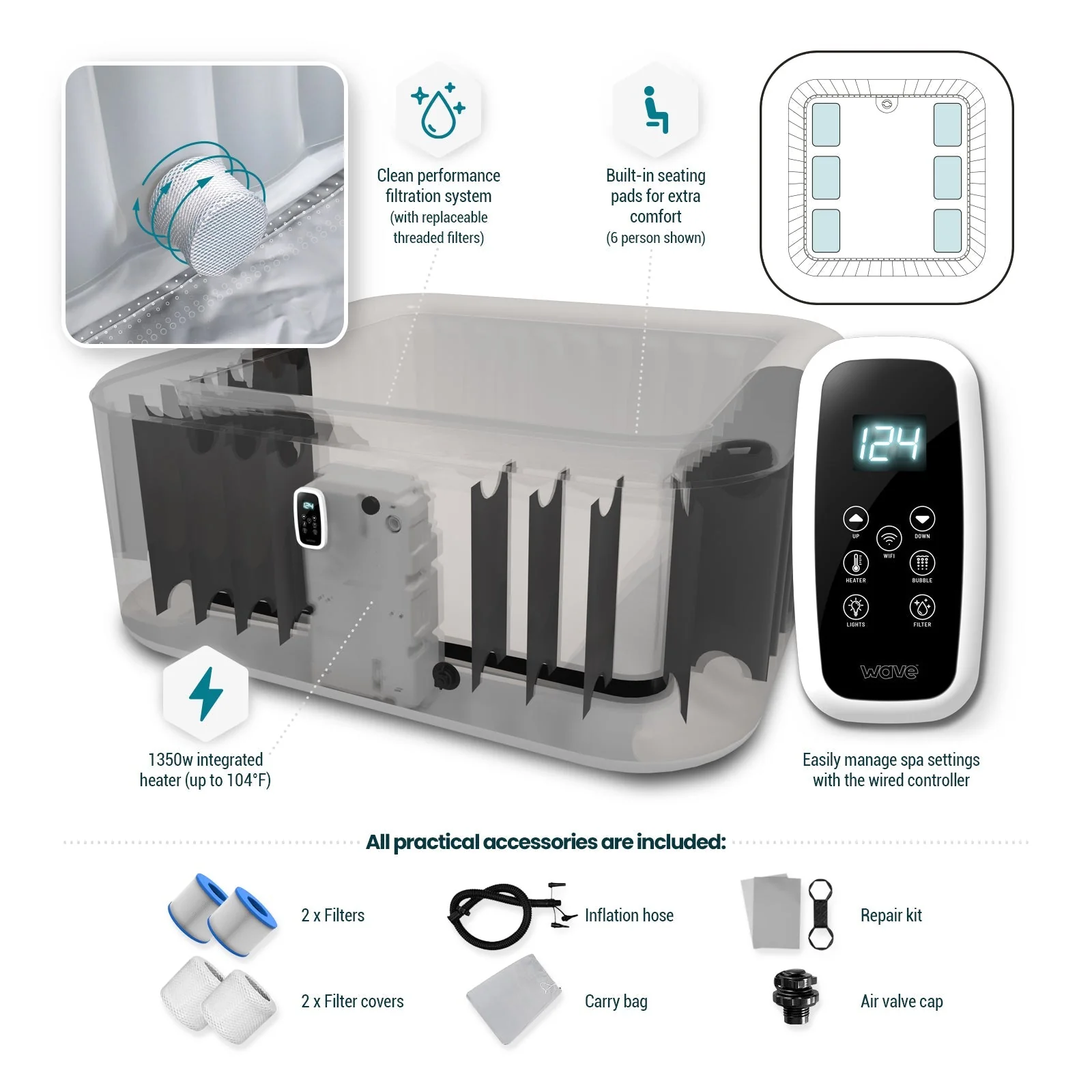 Wave | Pacific | 4/6-Person Inflatable Hot Tub | Square | Integrated Heater - Image 9