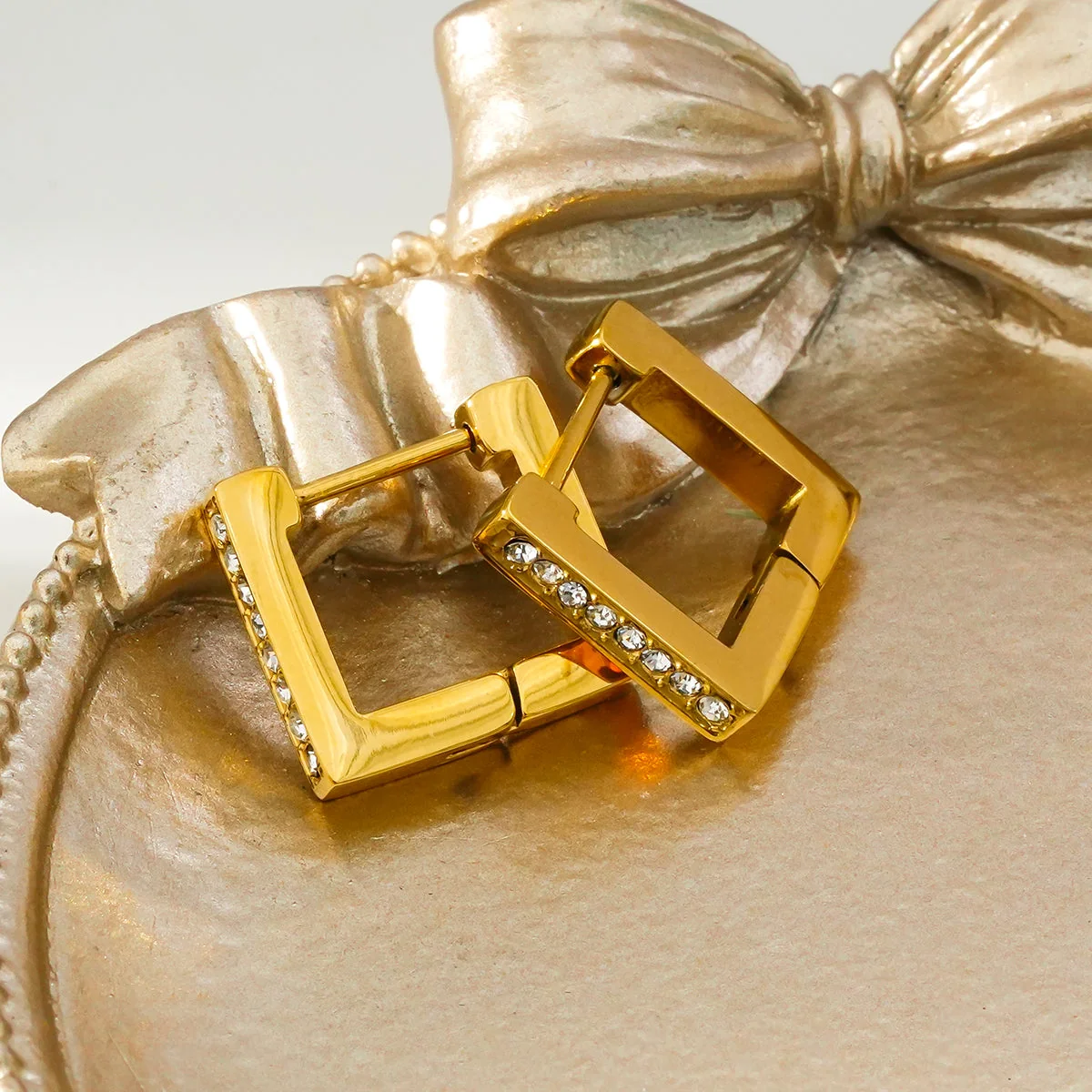 PAIA Gold: Tiny Squared Shape Hoop Earrings Embedded with Zirconia Gemstones - Image 2