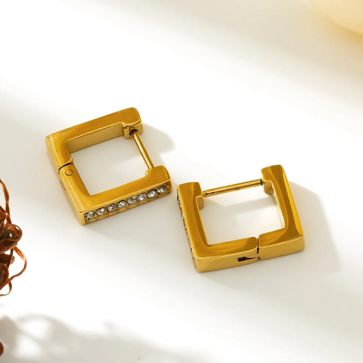 PAIA Gold: Tiny Squared Shape Hoop Earrings Embedded with Zirconia Gemstones - Image 4