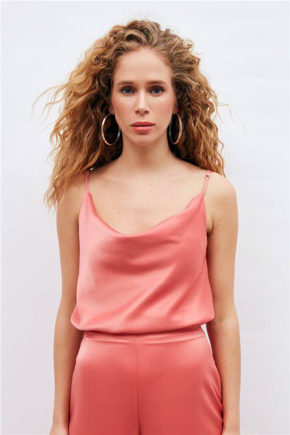 Plunging Neck Satin Cami - Coral - Image 5